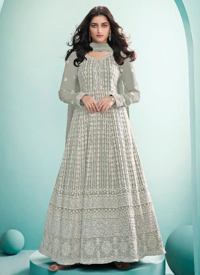 Sea Green Colour Latest Fancy Designer Heavy Wedding Wear Real Georgette Heavy Work Stylish Gown Collection 101-A